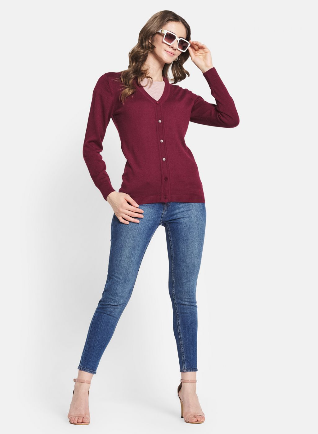 Women Maroon Solid Cardigan