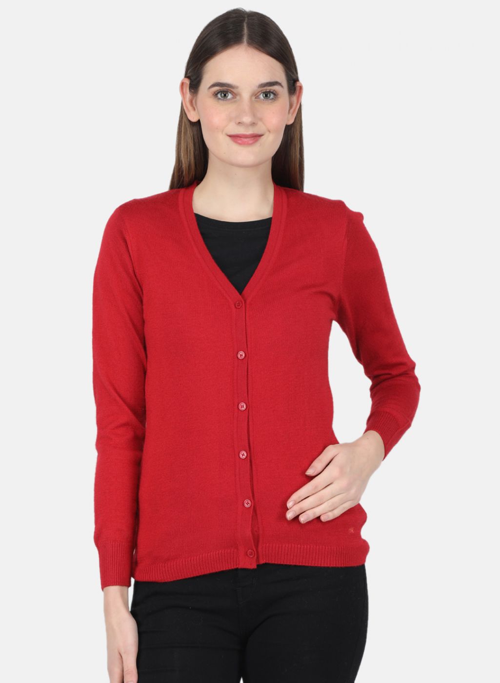 Women Red Solid Cardigan