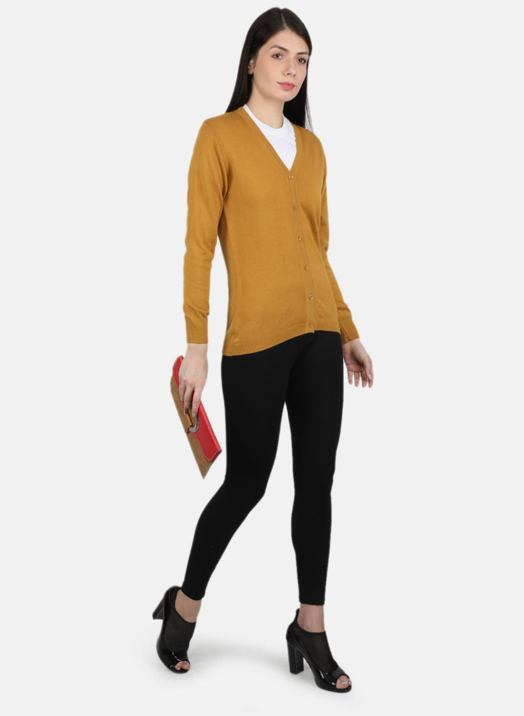 Women Gold Solid Cardigan