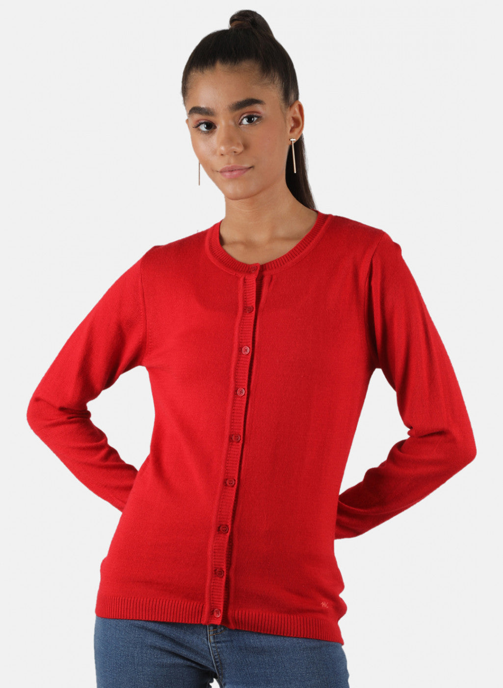 Women Red Solid Cardigan