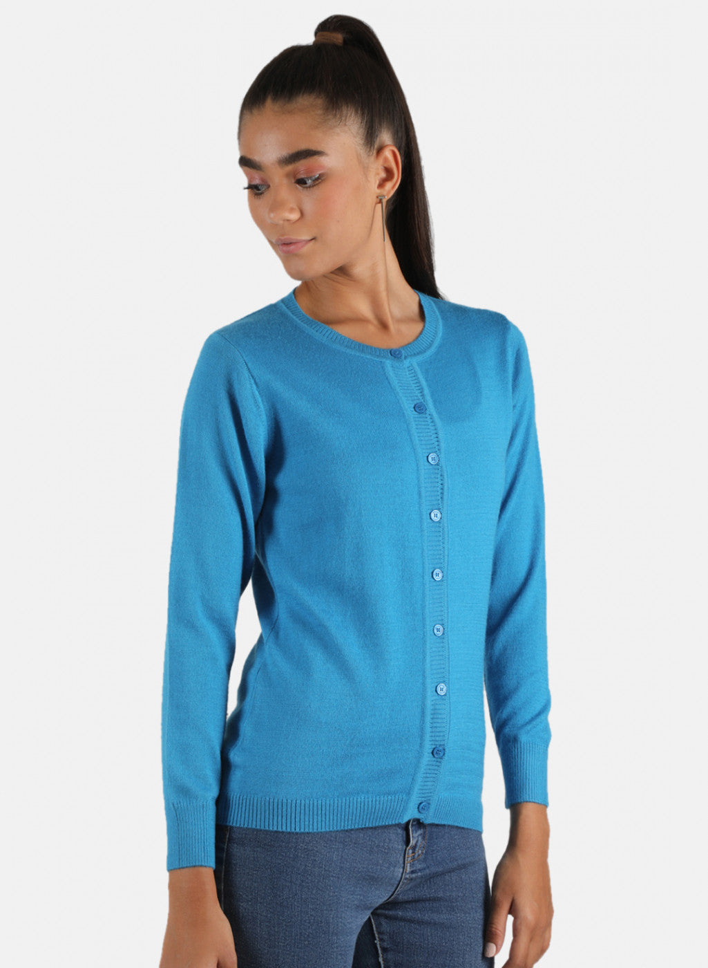 Women Blue Solid Cardigan