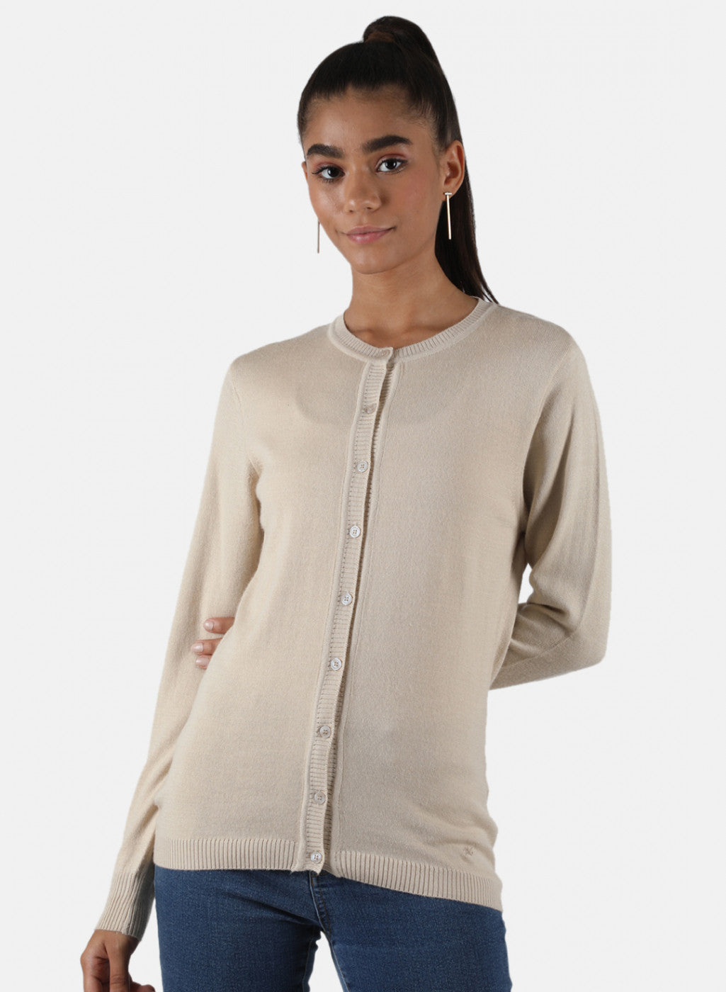 Women Beige Solid Cardigan