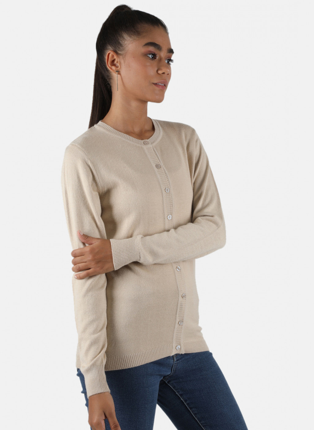 Women Beige Solid Cardigan