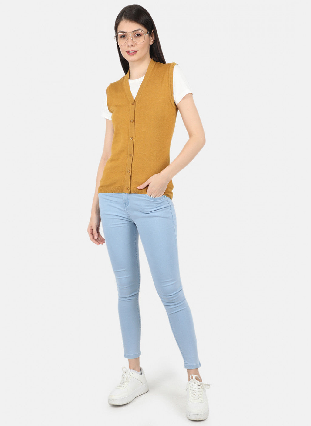 Women Golden Yellow Solid Cardigan