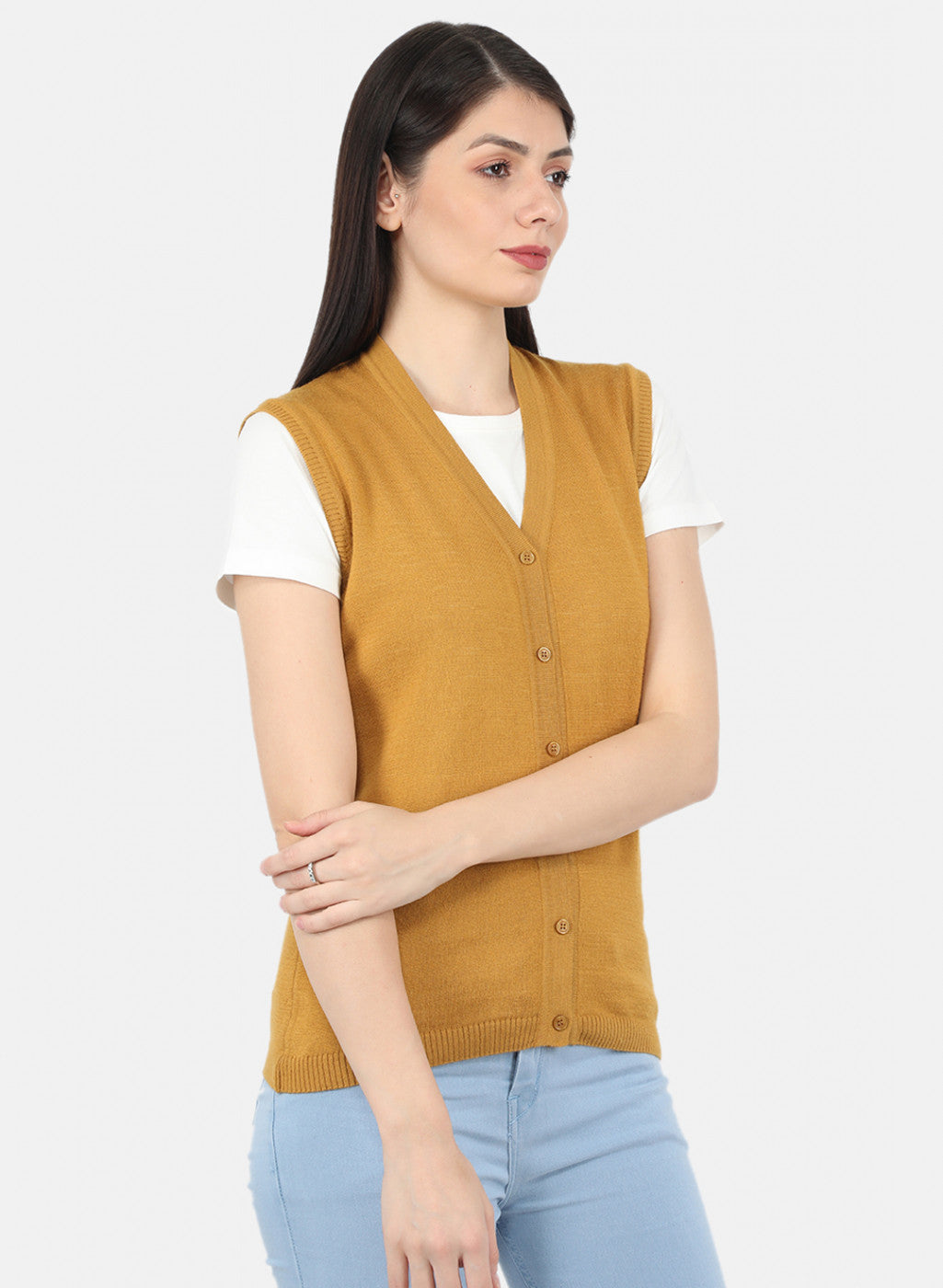 Women Golden Yellow Solid Cardigan