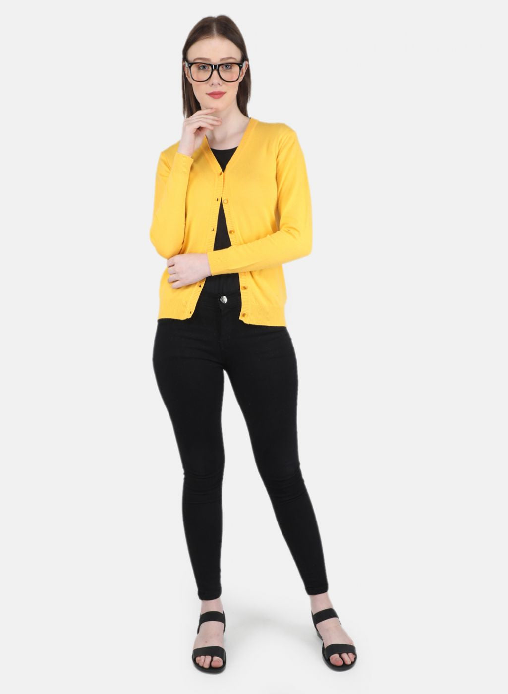 Women Yellow Self Design Cardigan