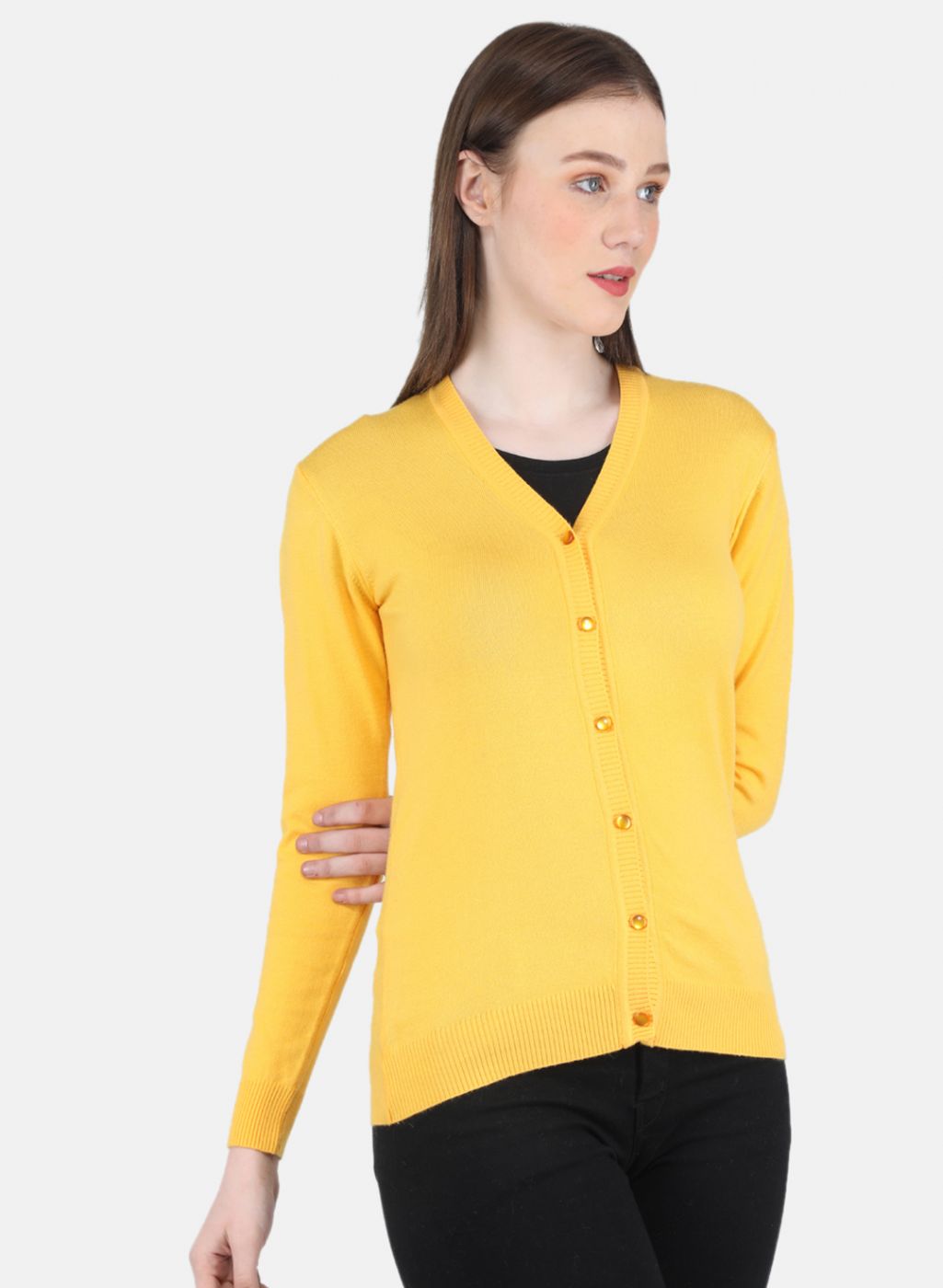 Women Yellow Self Design Cardigan