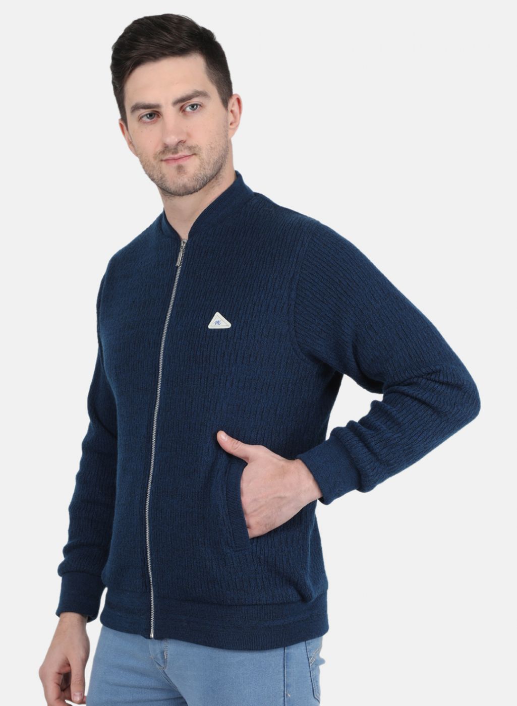 Men NAvy Blue Self Design Jacket