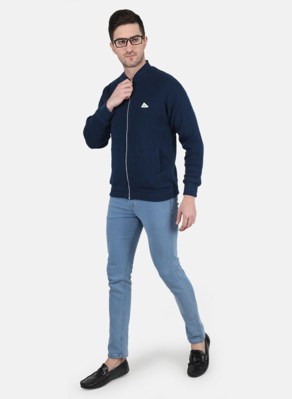 Men NAvy Blue Self Design Jacket