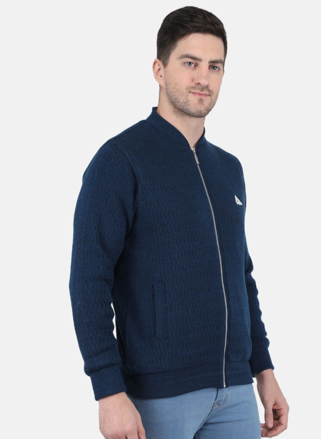 Men NAvy Blue Self Design Jacket