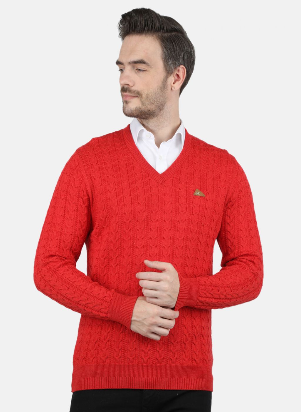 Men Red Self Design Pullover