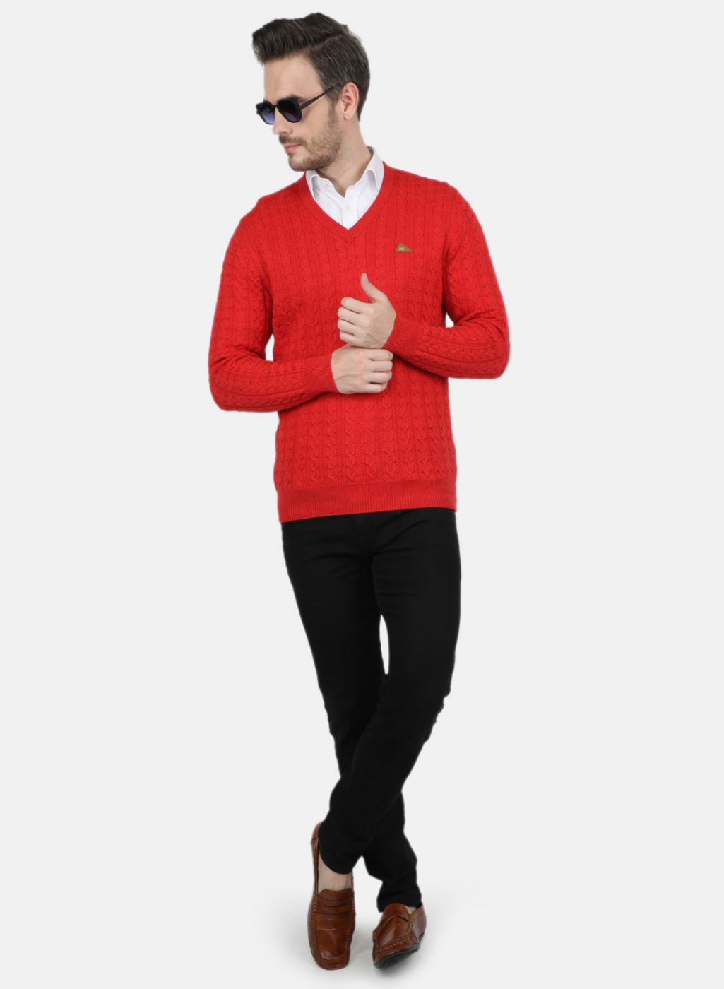 Men Red Self Design Pullover