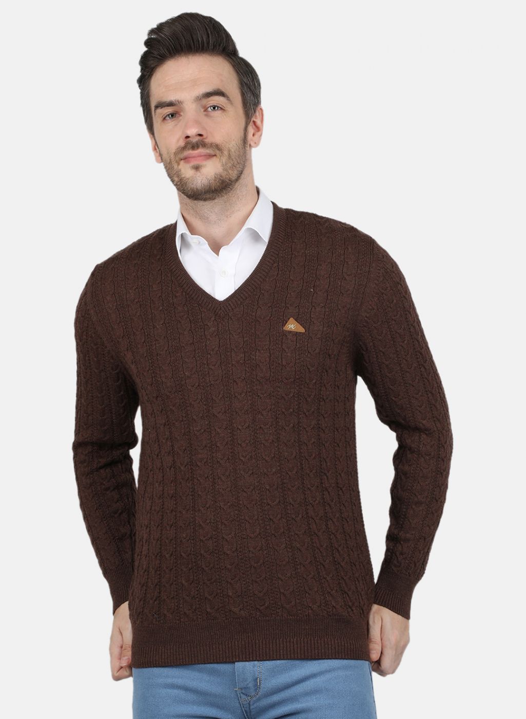 Men Brown Self Design Pullover