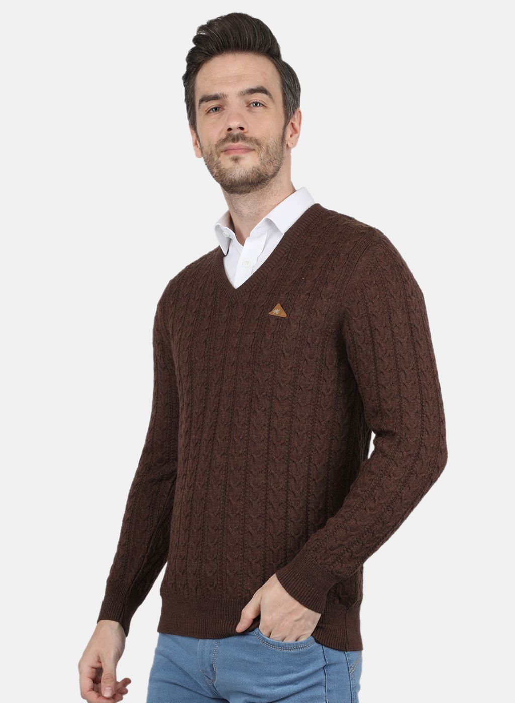 Men Brown Self Design Pullover