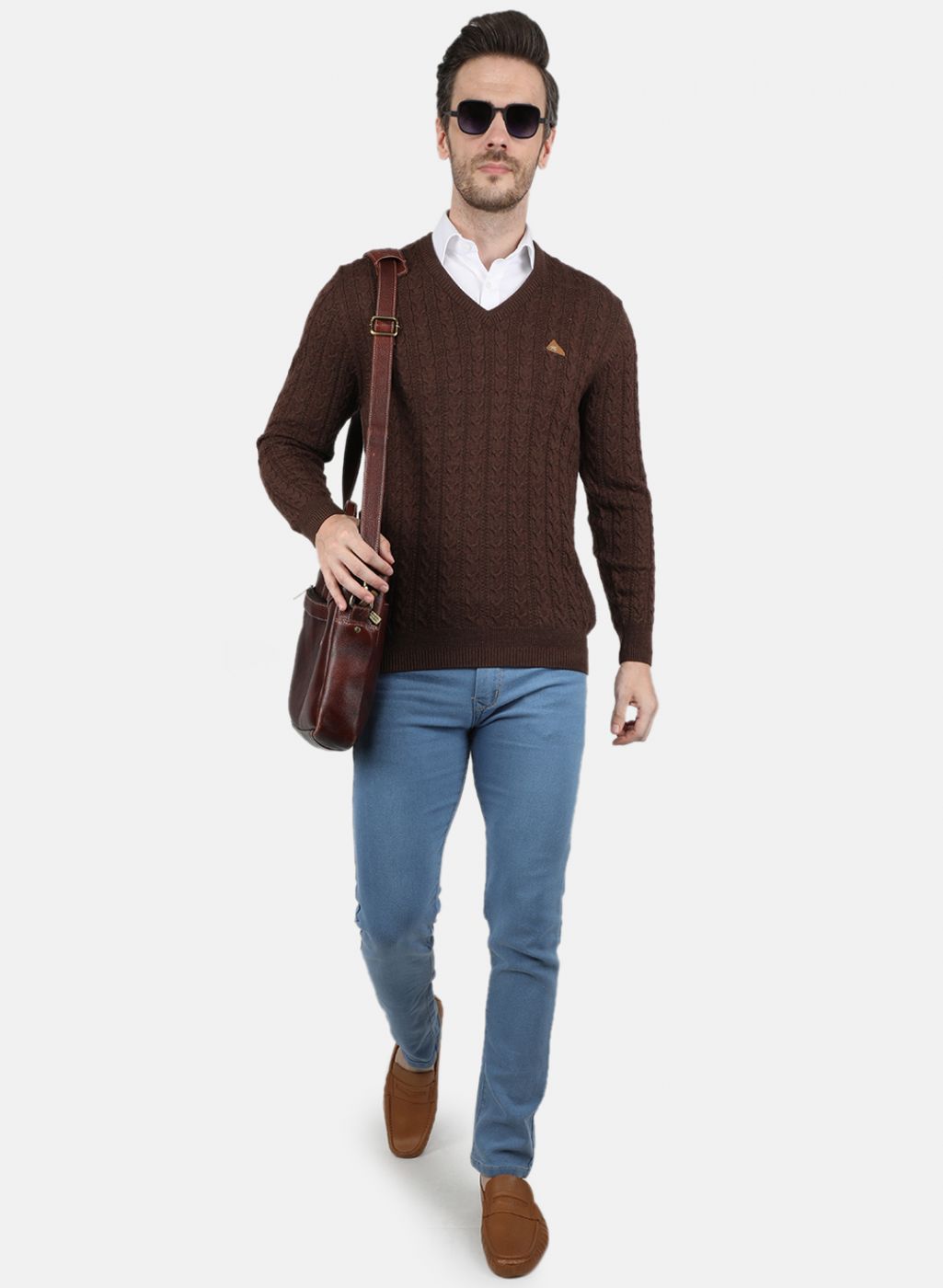 Men Brown Self Design Pullover