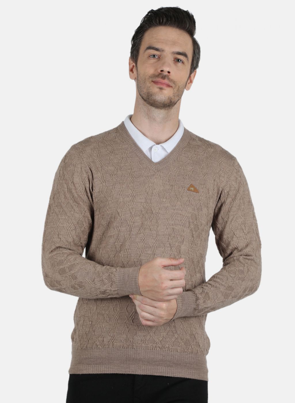 Men Beige Self Design Pullover