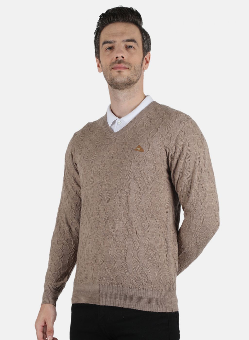 Men Beige Self Design Pullover