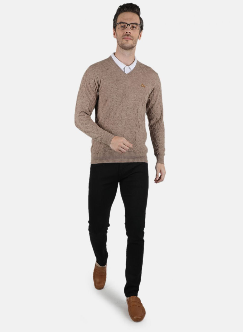 Men Beige Self Design Pullover