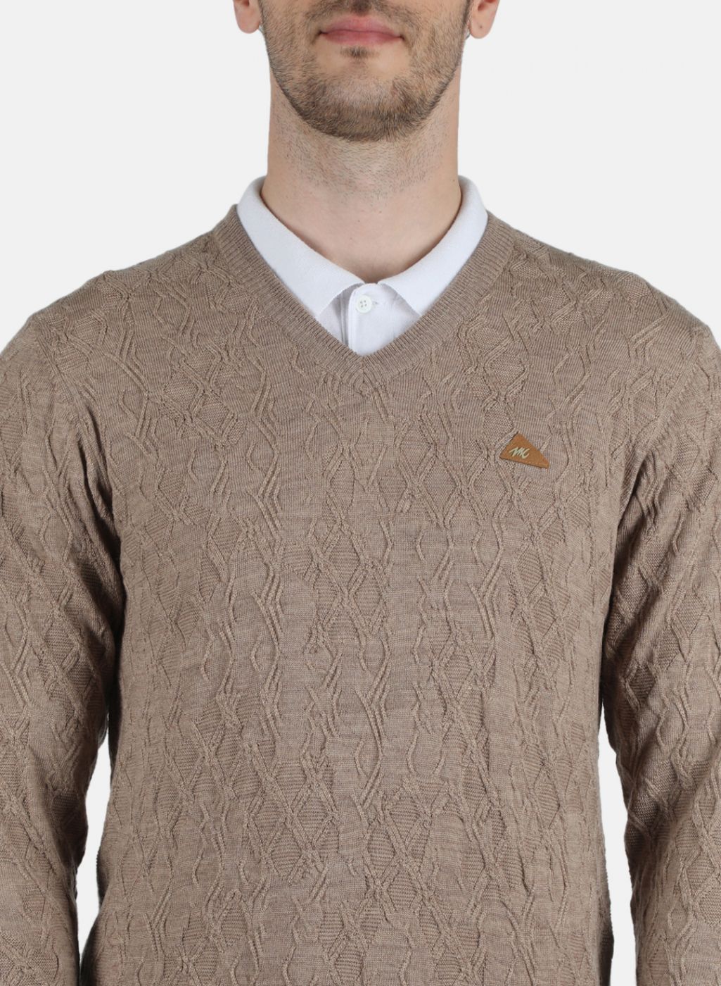 Men Beige Self Design Pullover