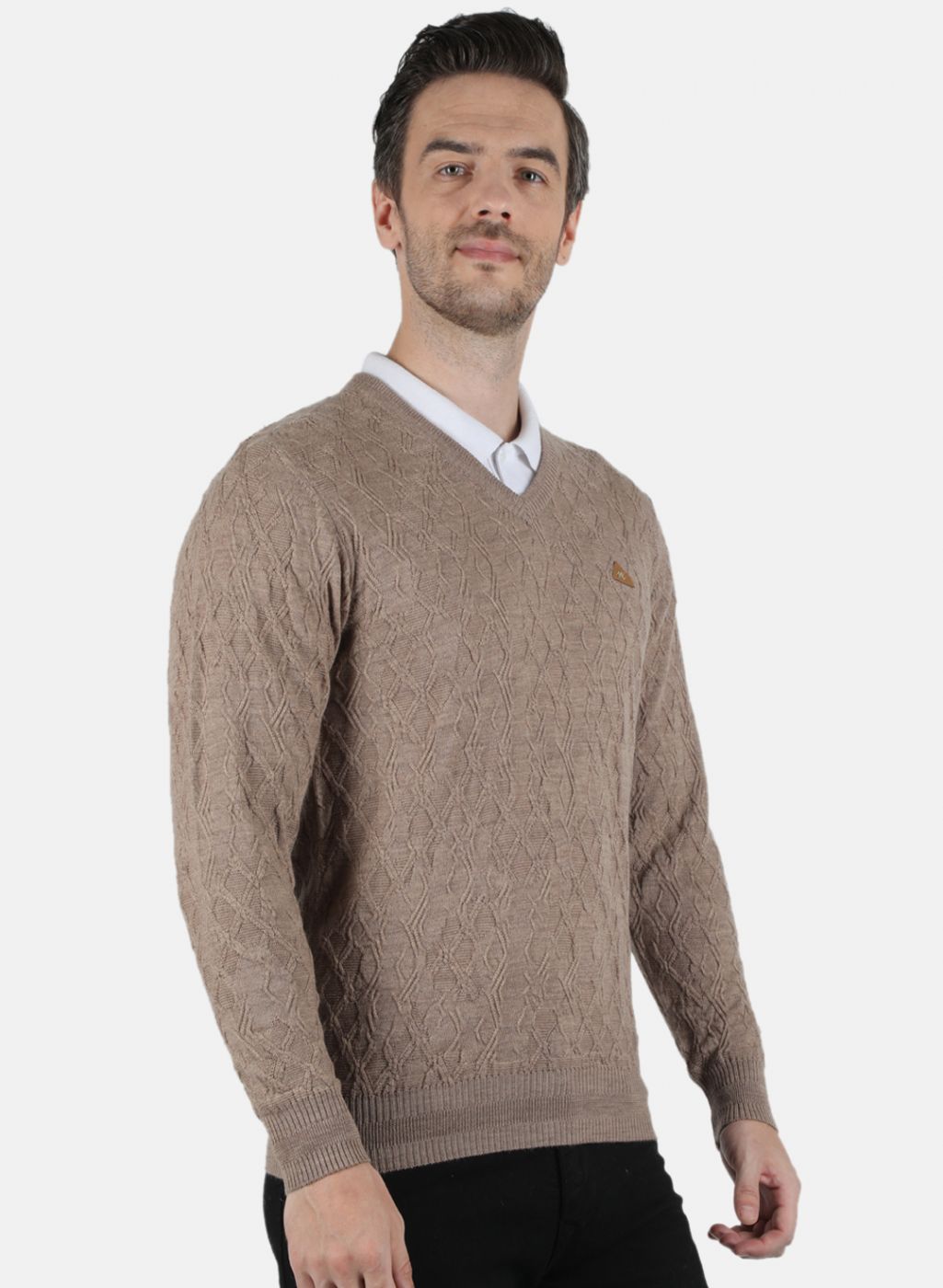 Men Beige Self Design Pullover