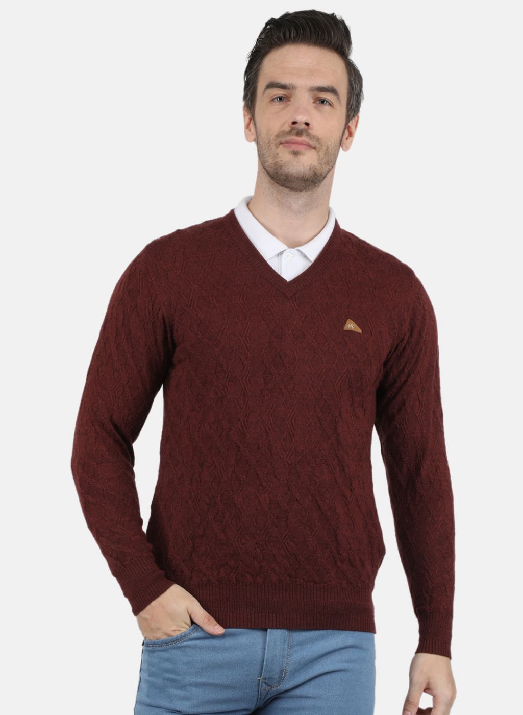 Men Brown Self Design Pullover