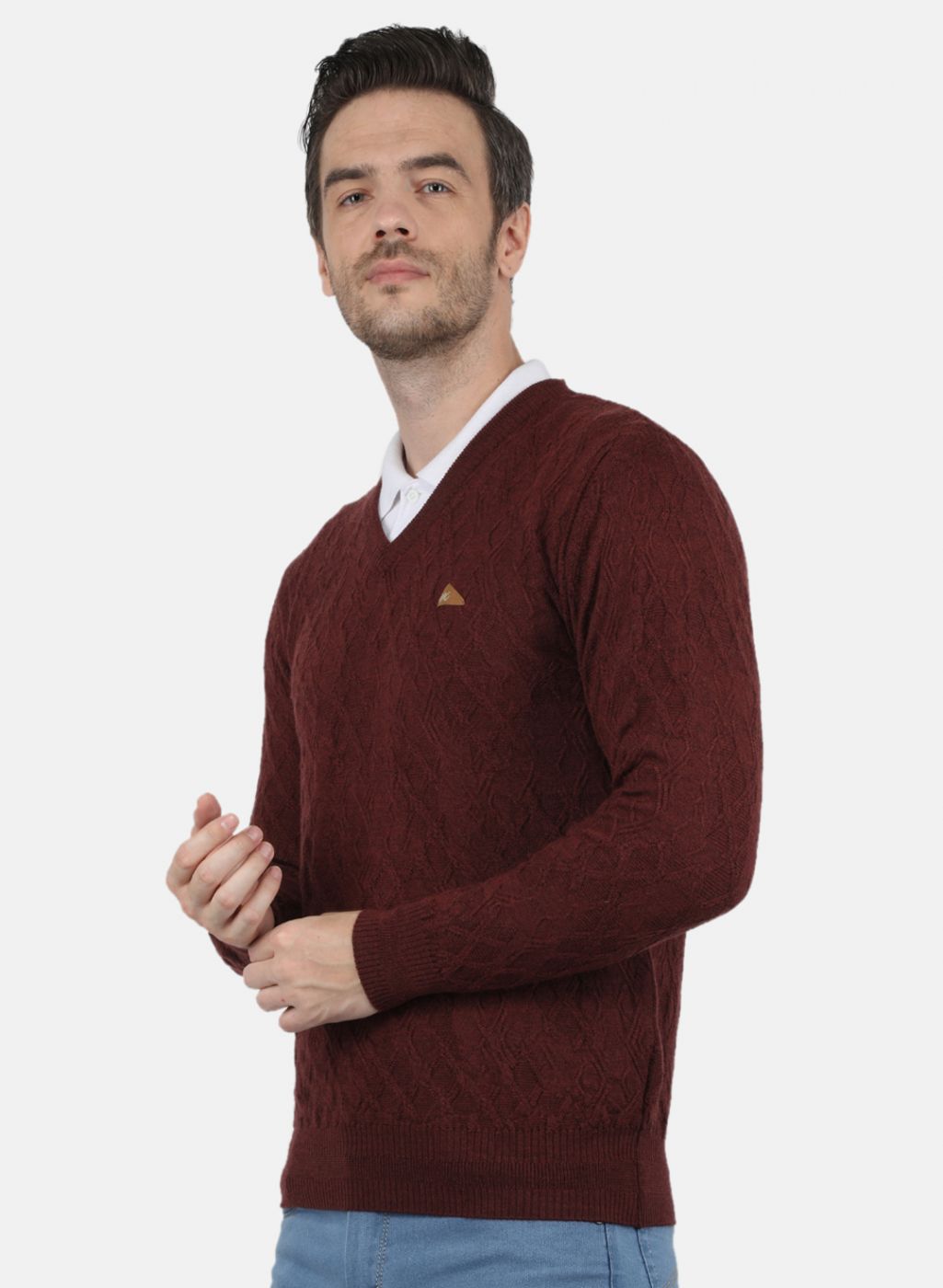 Men Brown Self Design Pullover