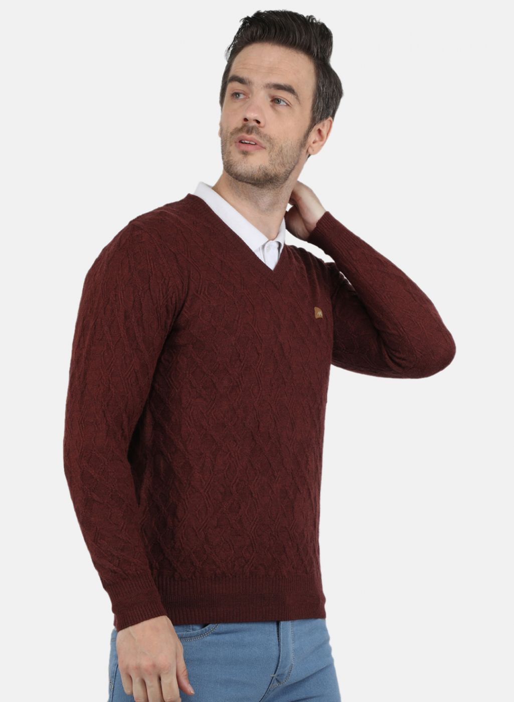 Men Brown Self Design Pullover