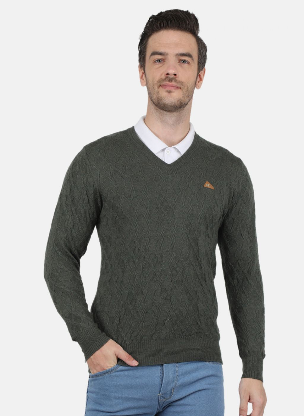 Men Olive Self Design Pullover