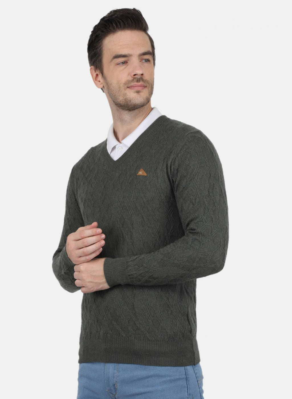 Men Olive Self Design Pullover