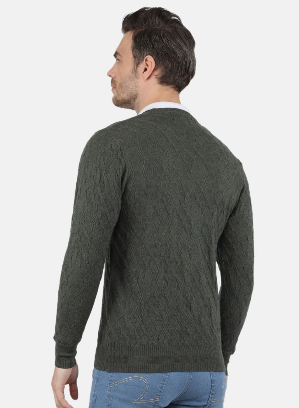 Men Olive Self Design Pullover