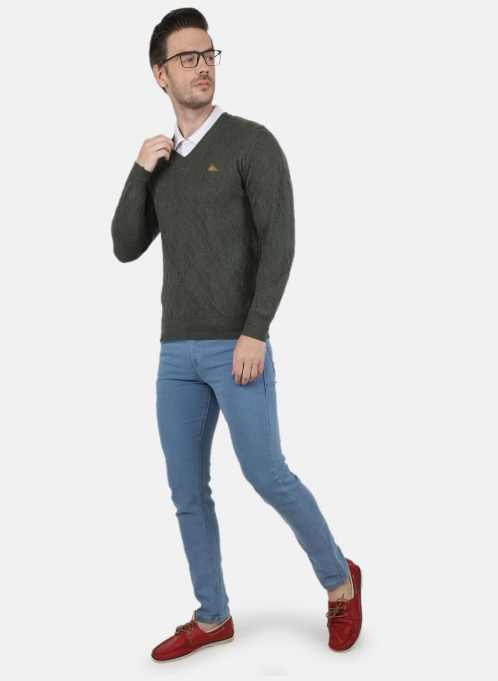 Men Olive Self Design Pullover