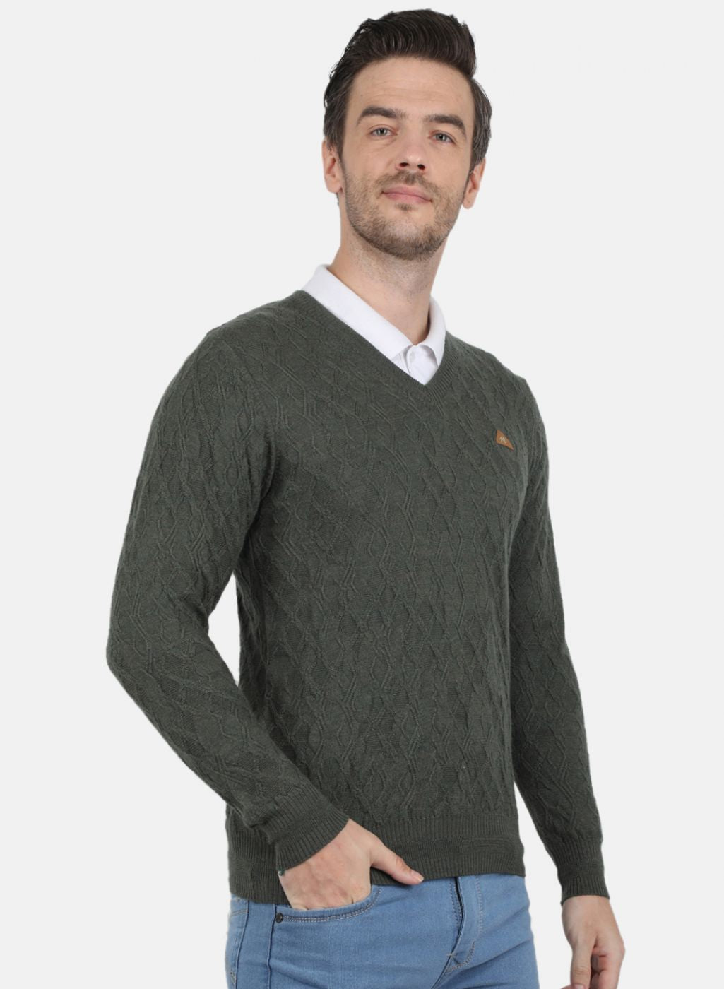 Men Olive Self Design Pullover