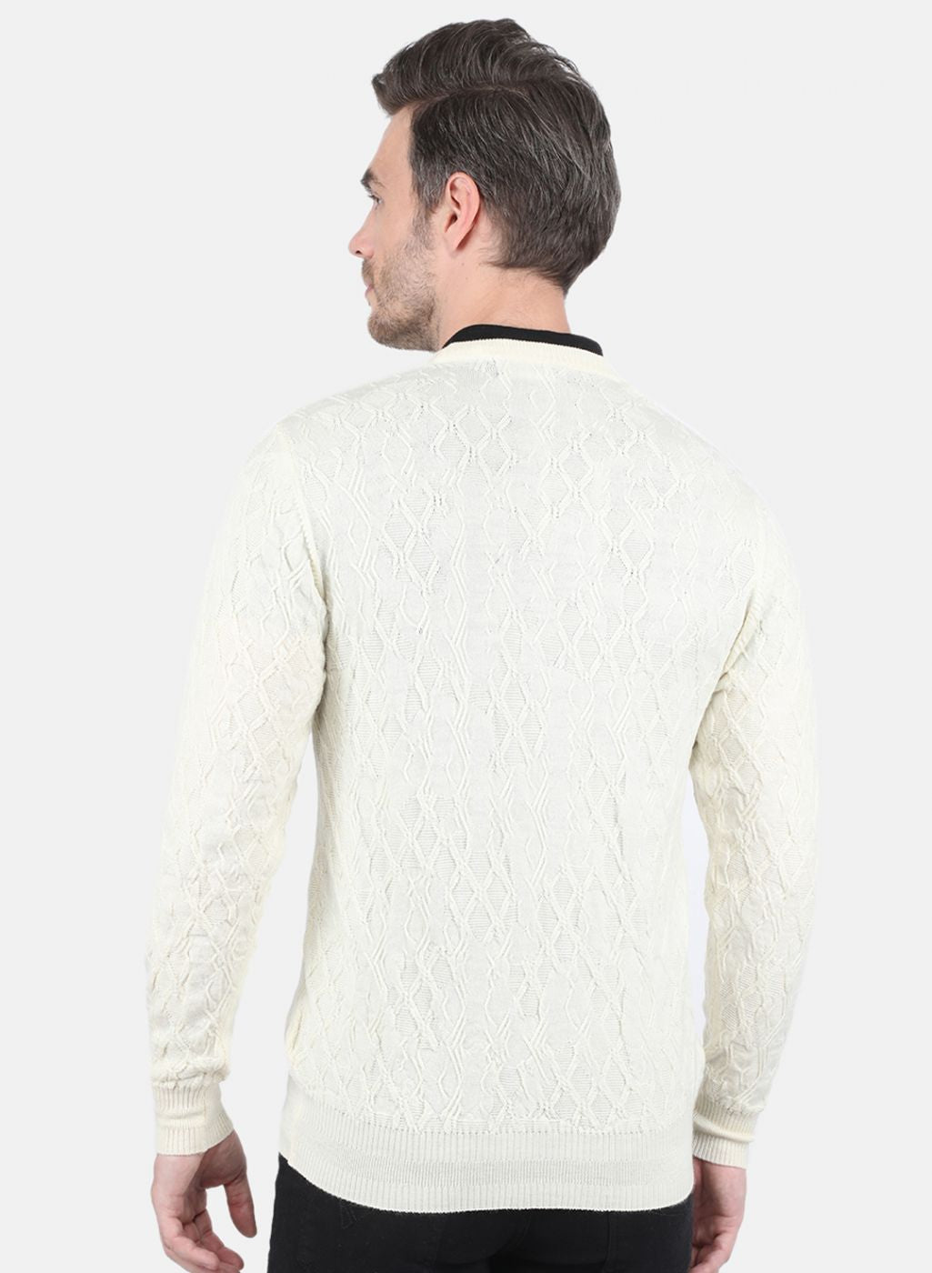 Men Off White Self Design Pullover