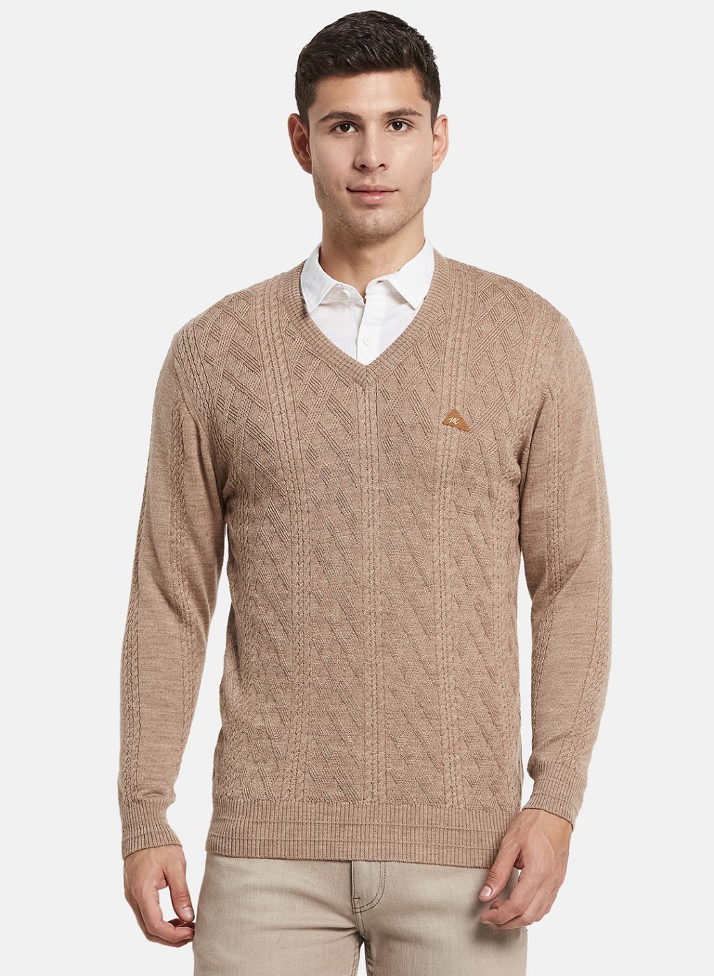 Men Beige Self Design Pullover