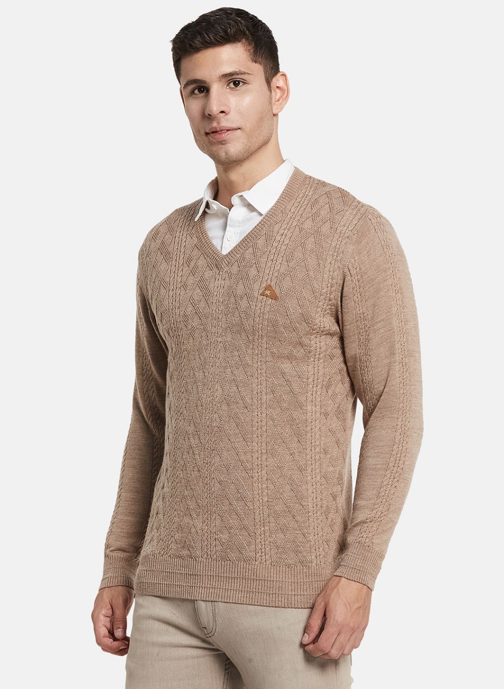 Men Beige Self Design Pullover