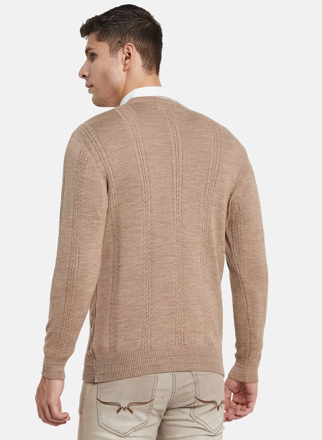 Men Beige Self Design Pullover