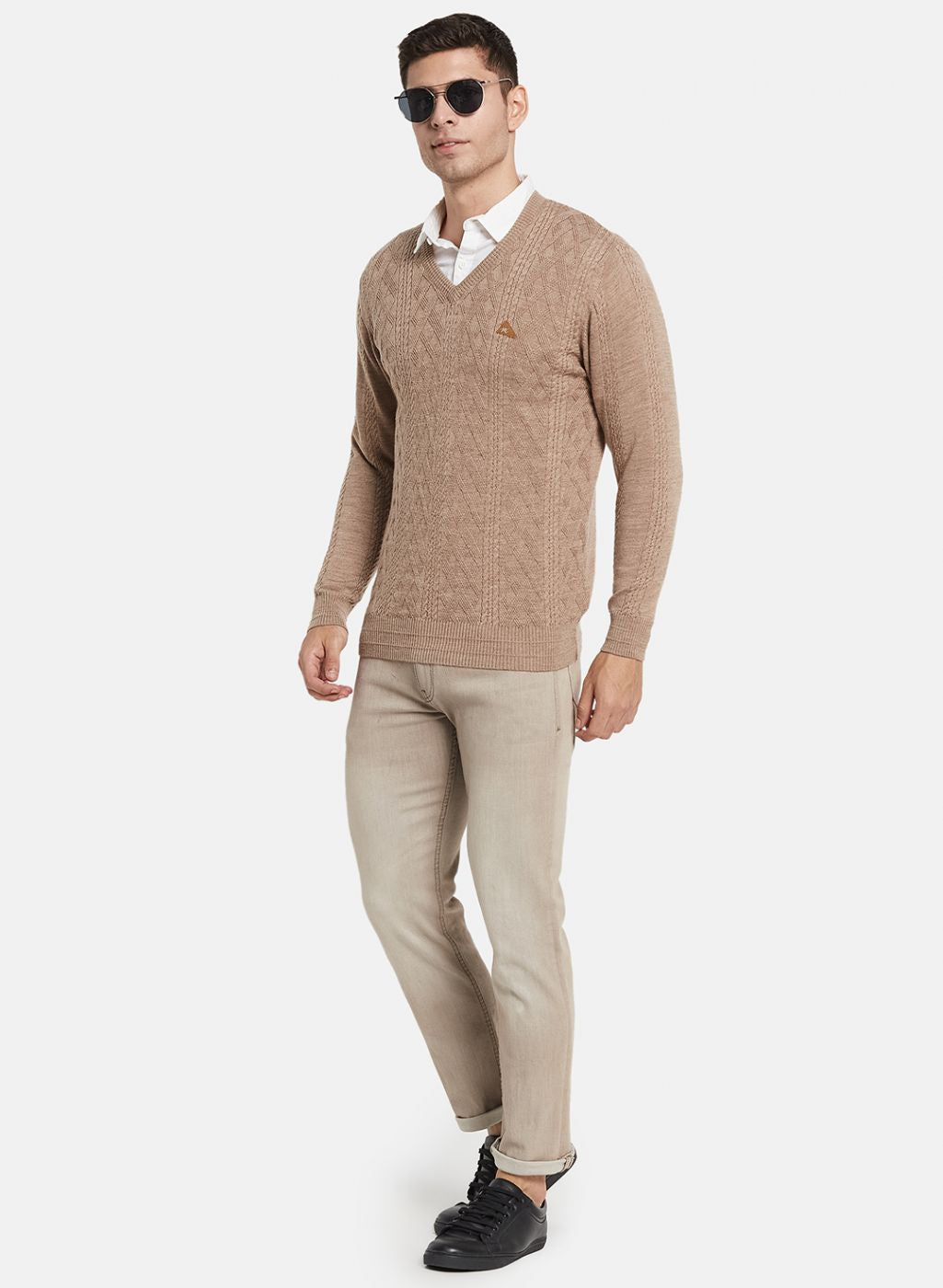 Men Beige Self Design Pullover