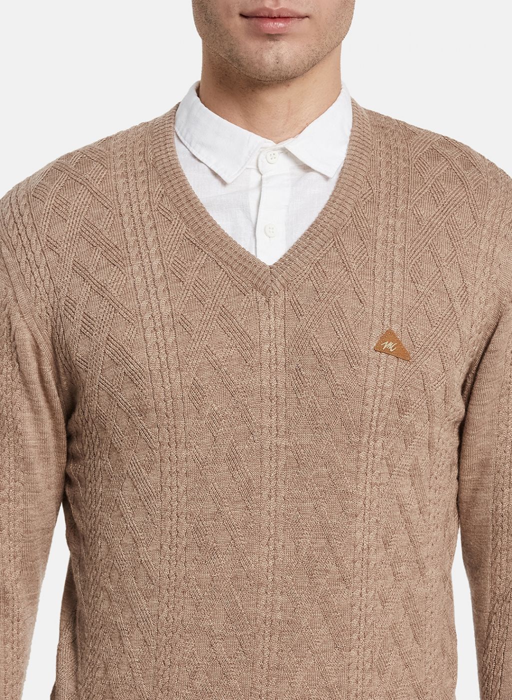 Men Beige Self Design Pullover