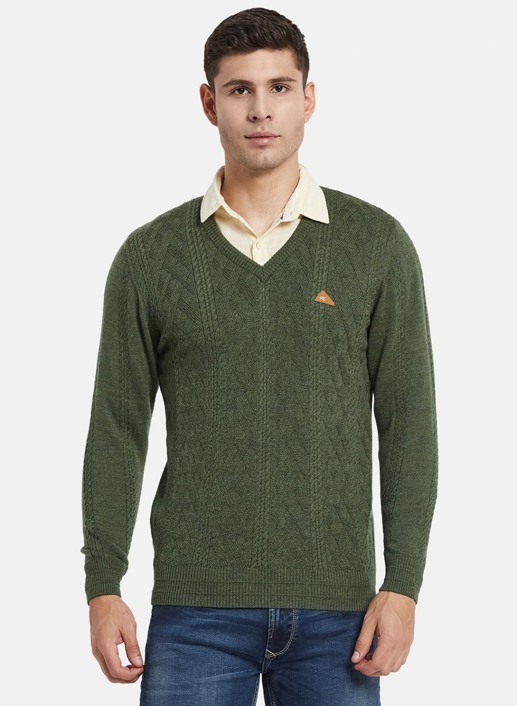 Men Olive Self Design Pullover