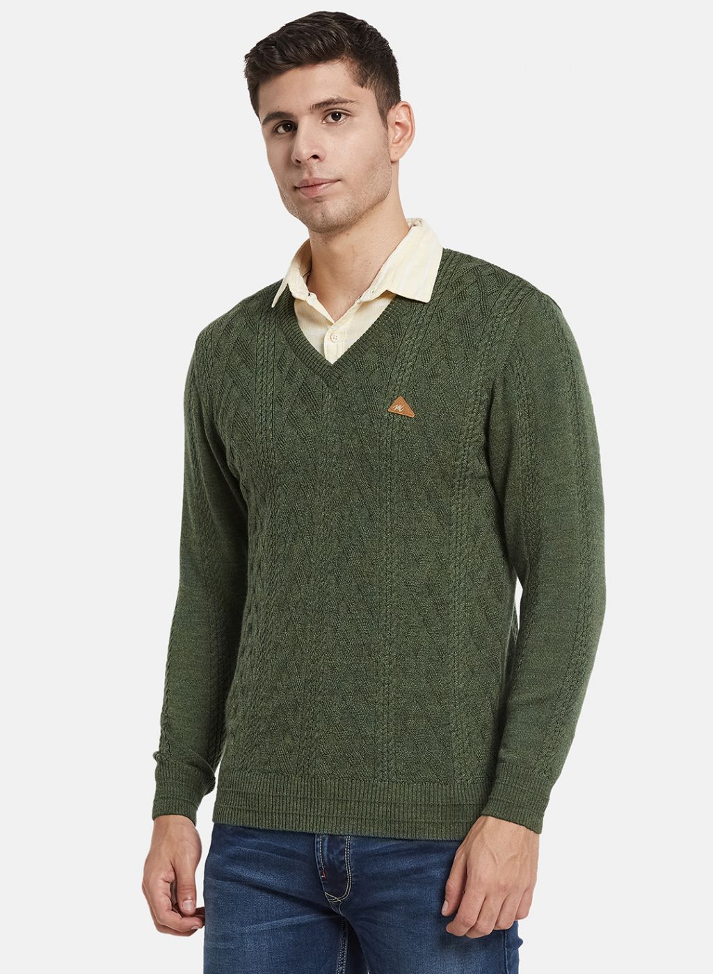 Men Olive Self Design Pullover