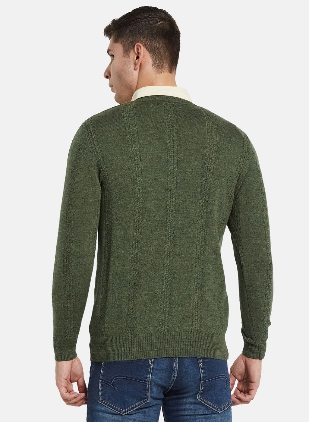 Men Olive Self Design Pullover