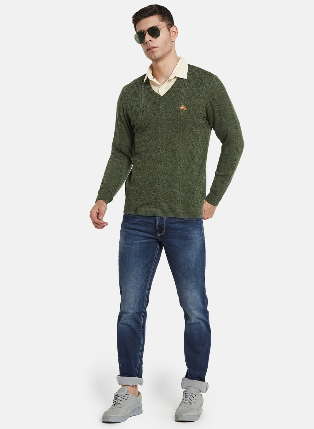 Men Olive Self Design Pullover