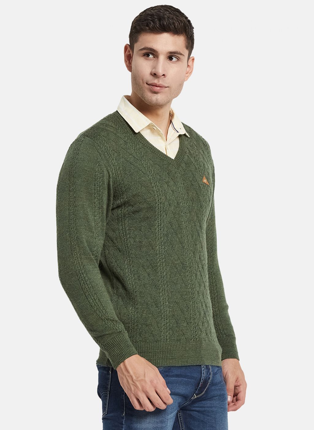 Men Olive Self Design Pullover