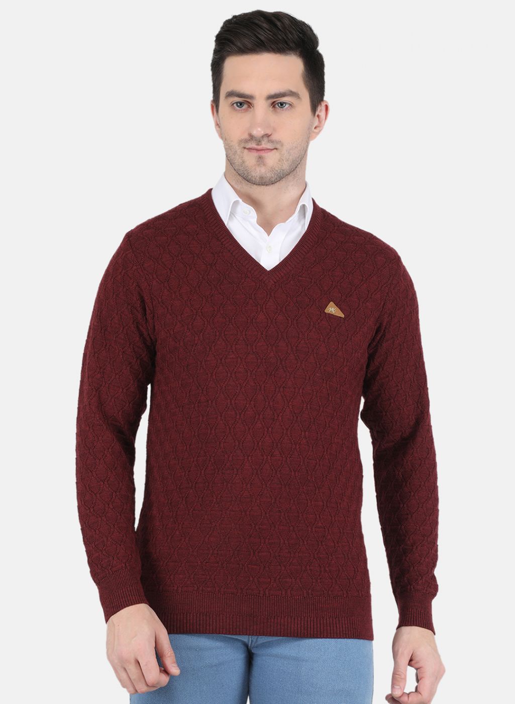 Men Maroon Self design Pullover