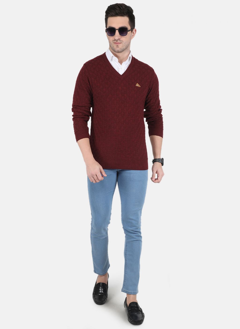 Men Maroon Self design Pullover