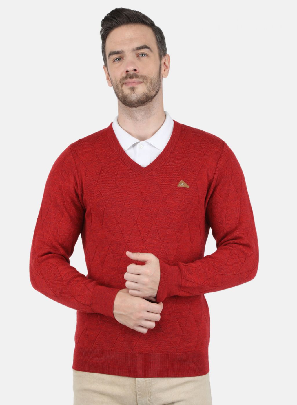 Men Red Self Design Pullover