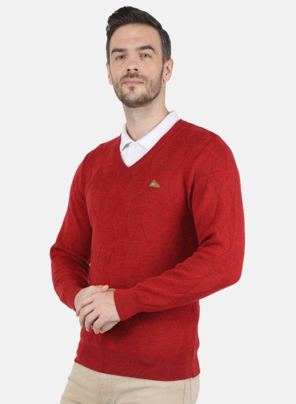 Men Red Self Design Pullover