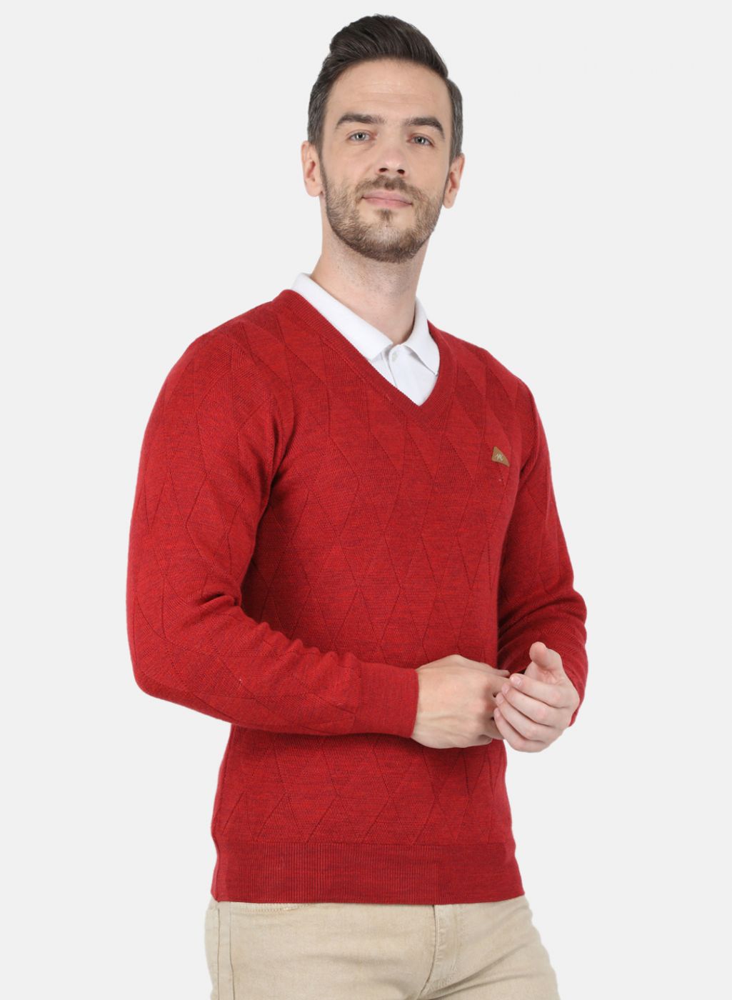 Men Red Self Design Pullover