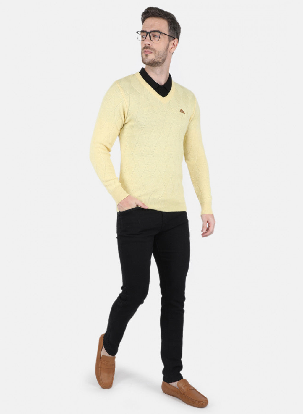 Men Yellow Self Design Pullover