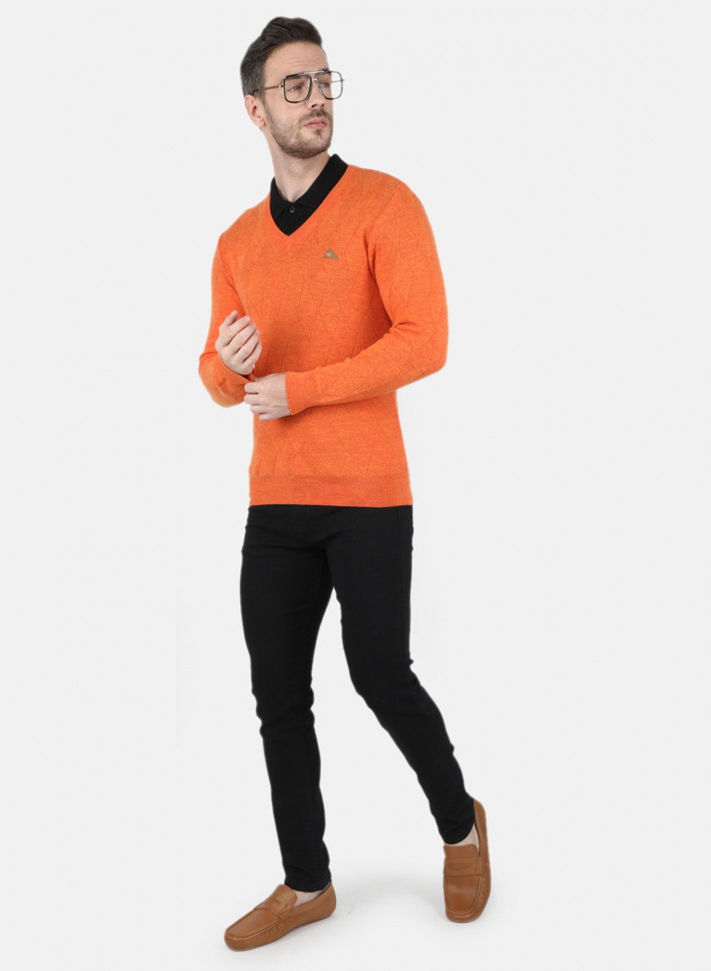 Men Orange Self Design Pullover